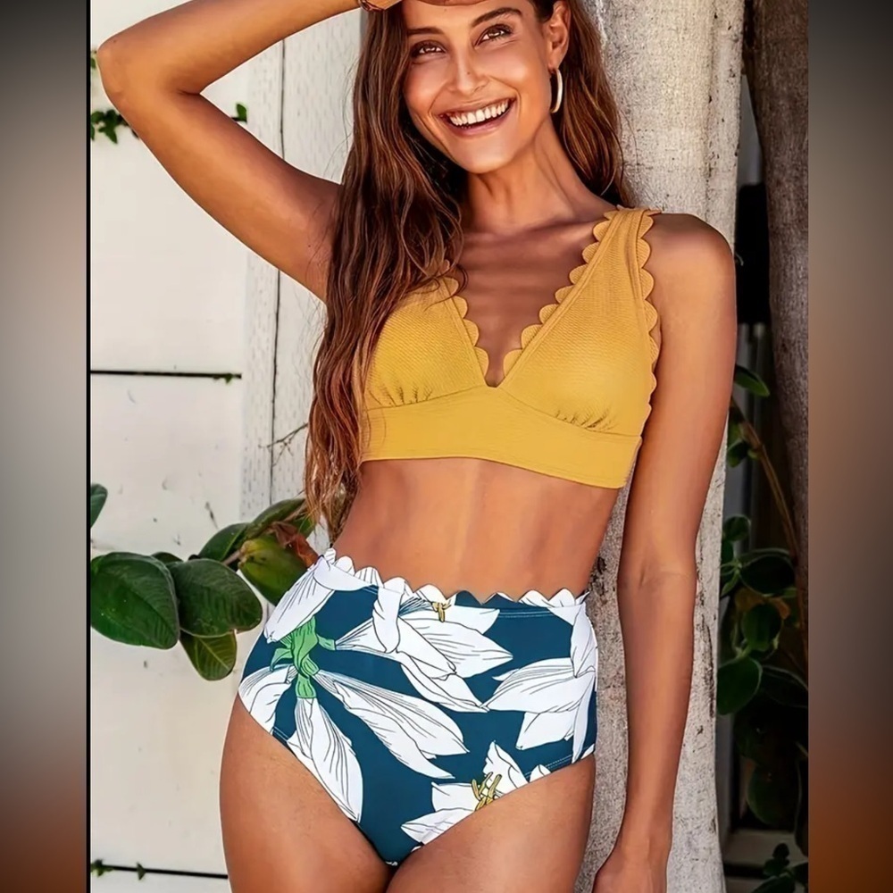 Floral Pattern 2 Piece Set Bikini, V Neck Scallop Trim High Waist Swimsuits - Picture 2 of 5